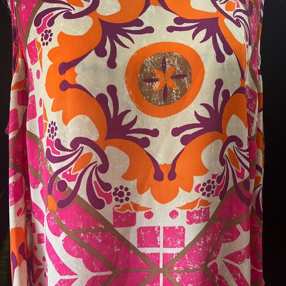 Chico's Womens Size 2 Sleeveless Cold Shoulder Tunic Top Pink Orange Print - Picture 8 of 10